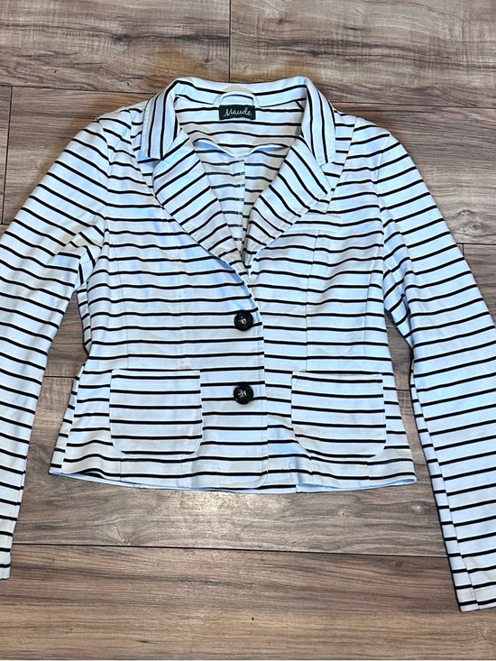 Maude Jackets & Blazers - Maude White and Black Striped Knit Casual Blazer
